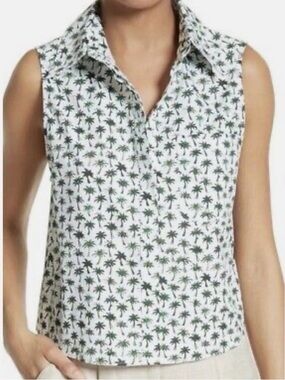 Milly White Sleeveless Collared Palm-Print Blouse
